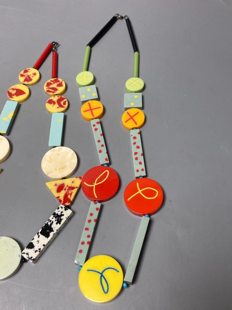 Four decorative bakelite necklaces designed by Nick Osborne